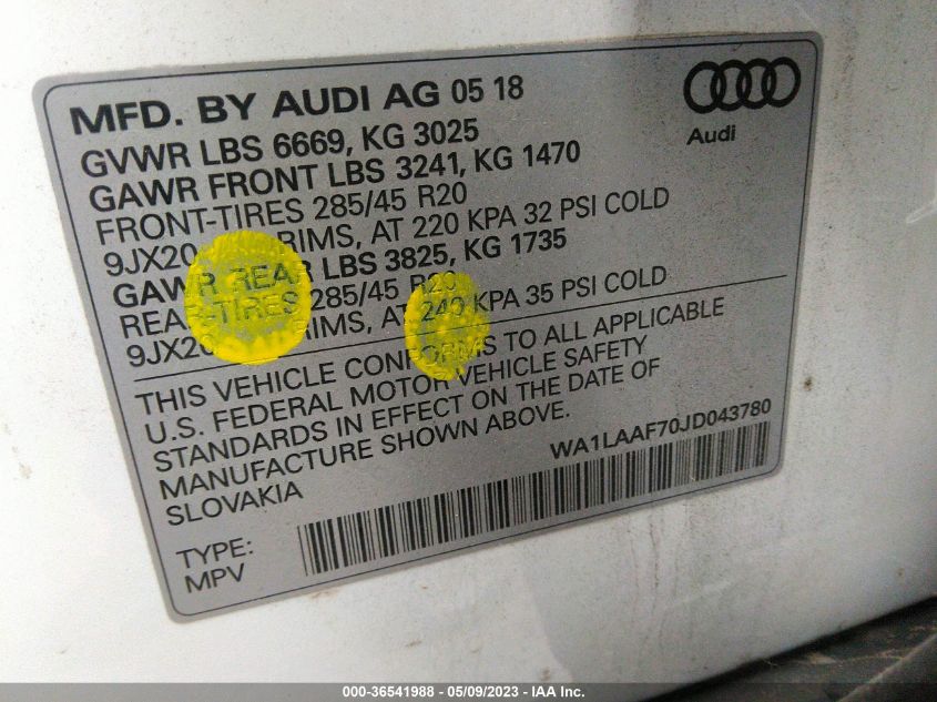 2018 AUDI Q7 PREMIUM PLUS - WA1LAAF70JD043780