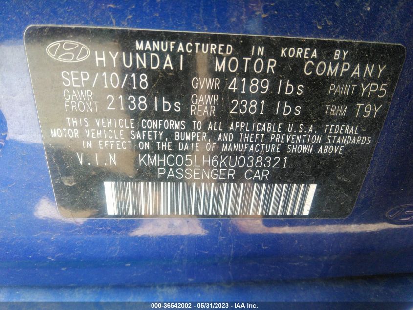 2019 HYUNDAI IONIQ ELECTRIC LIMITED KMHC05LH6KU038321