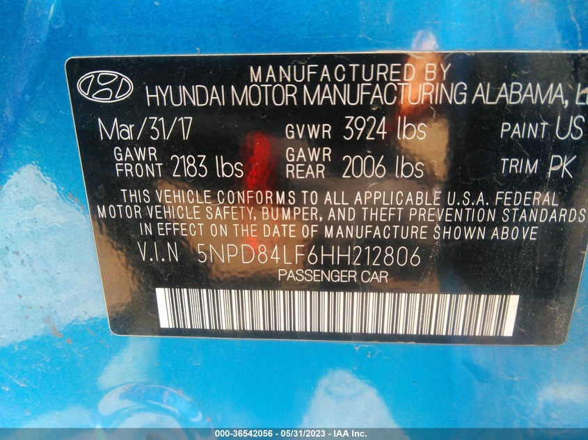 VIN 5NPD84LF6HH212806 2017 HYUNDAI ELANTRA SE