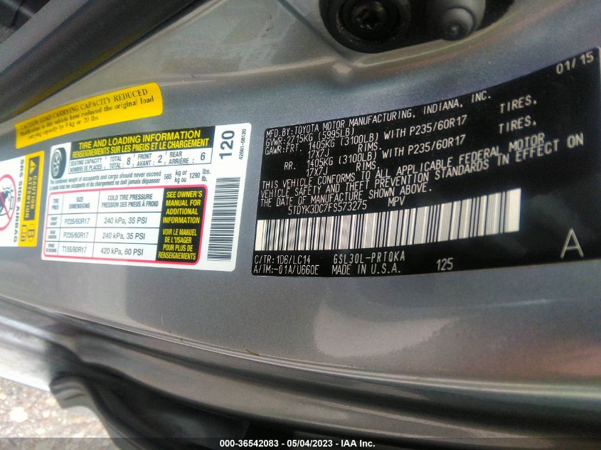 2015 TOYOTA SIENNA XLE/XLE AAS/LTD - 5TDYK3DC7FS573275