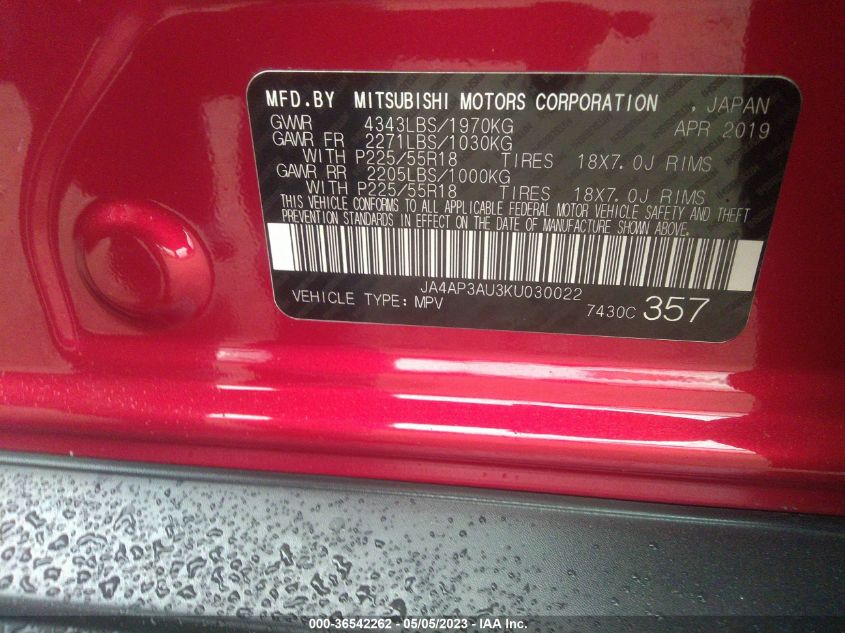2019 MITSUBISHI OUTLANDER SPORT 2.0 - JA4AP3AU3KU030022