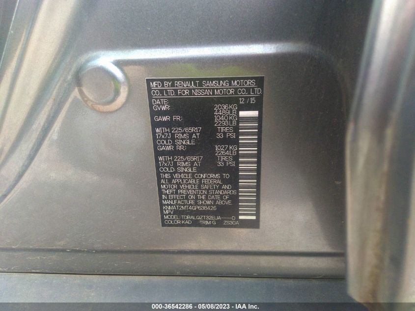 2016 NISSAN ROGUE SV - KNMAT2MT4GP638426