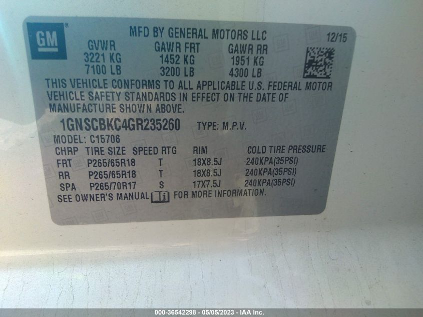 2016 CHEVROLET TAHOE LT - 1GNSCBKC4GR235260
