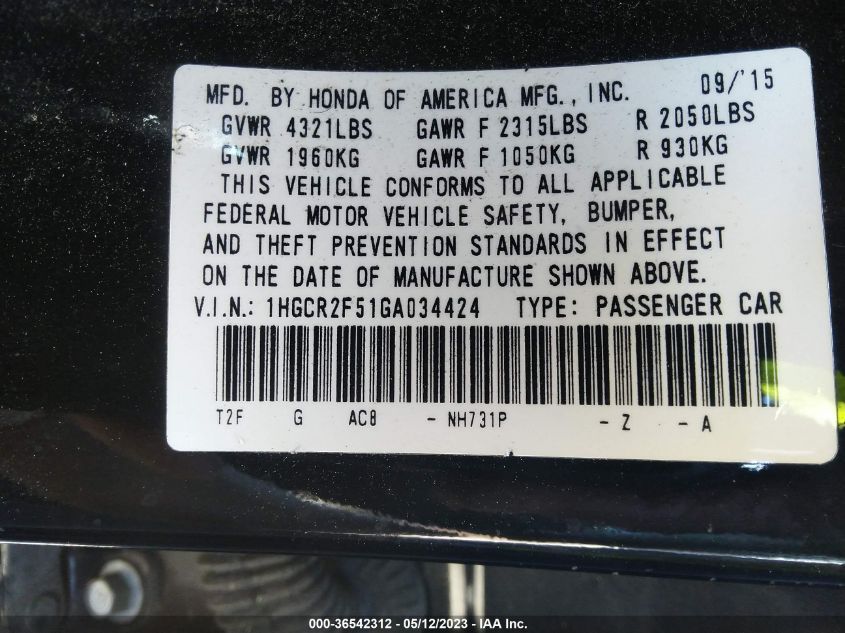 2016 HONDA ACCORD SEDAN SPORT - 1HGCR2F51GA034424