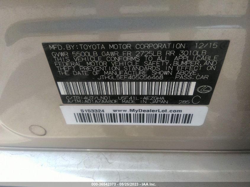 2016 LEXUS LS 460 L - JTHGL5EF4G5056468