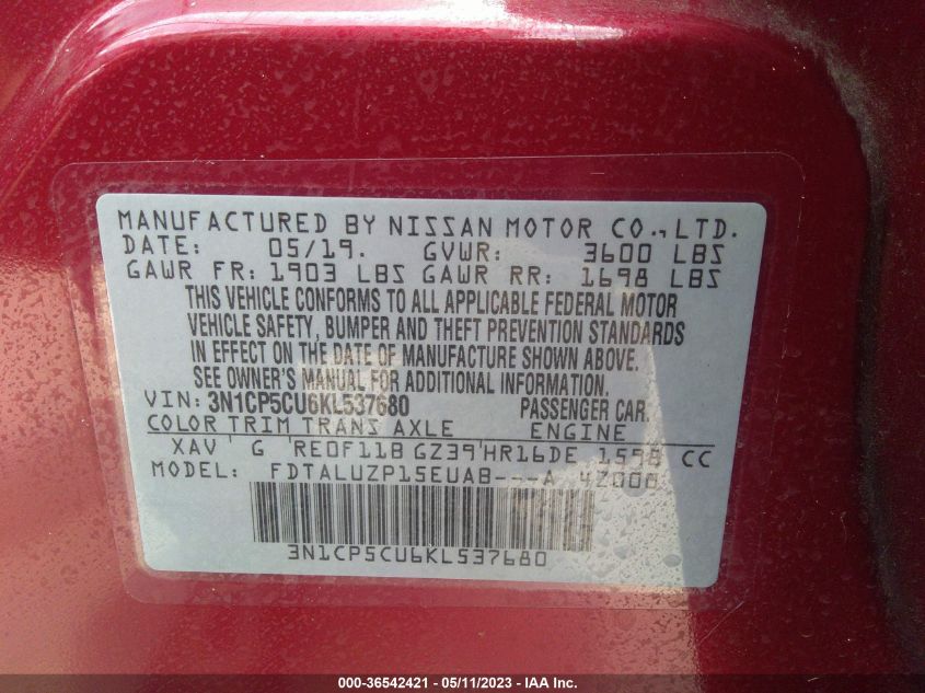 2019 NISSAN KICKS SR - 3N1CP5CU6KL537680