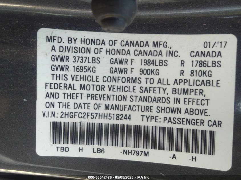2017 HONDA CIVIC SEDAN LX - 2HGFC2F57HH518244