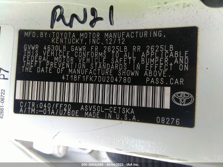2013 TOYOTA CAMRY L/LE/SE/XLE - 4T1BF1FK7DU204780
