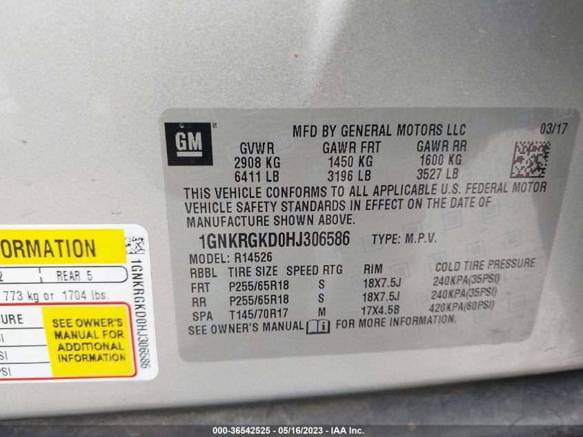 2017 CHEVROLET TRAVERSE LT - 1GNKRGKD0HJ306586