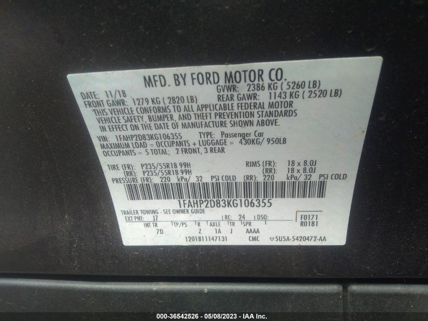 2019 FORD TAURUS SE - 1FAHP2D83KG106355