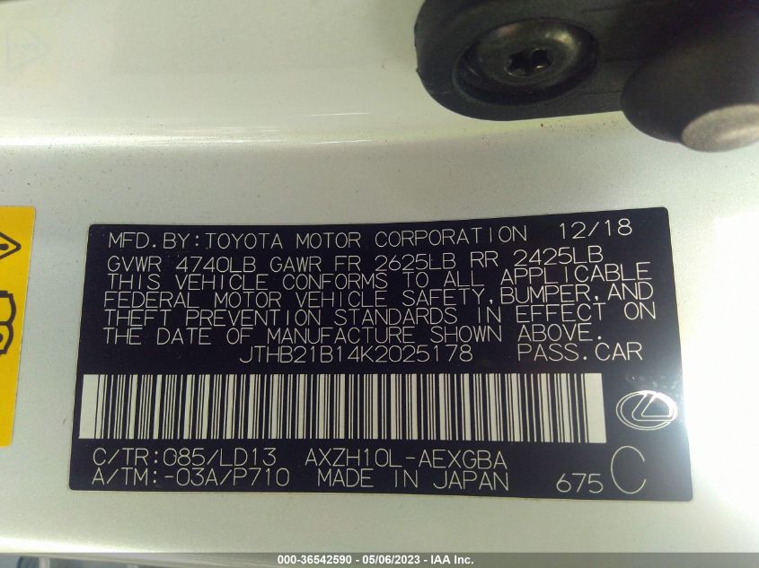 2019 LEXUS ES ES 300H - JTHB21B14K2025178