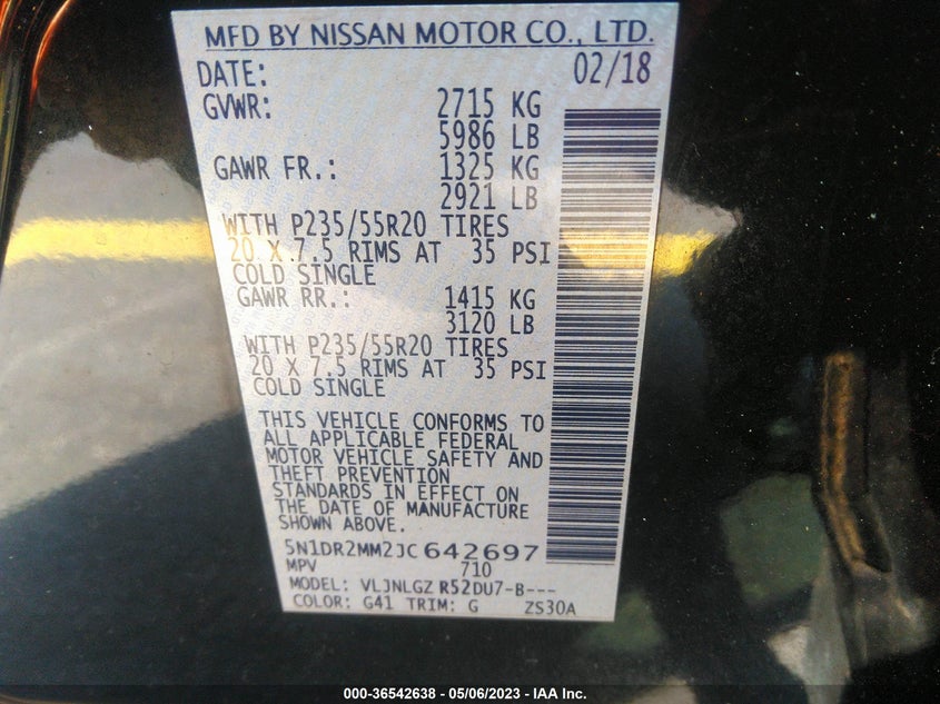 VIN 5N1DR2MM2JC642697 2018 NISSAN PATHFINDER SL