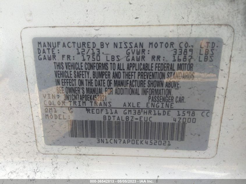2014 NISSAN VERSA S/S PLUS/SV/SL - 3N1CN7AP0EK452021
