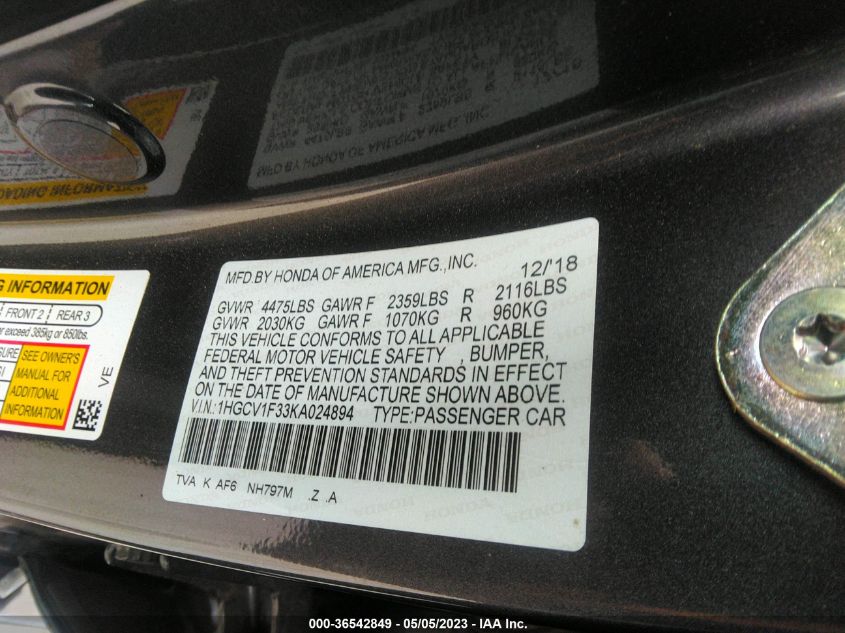 2019 HONDA ACCORD SEDAN SPORT 1.5T - 1HGCV1F33KA024894