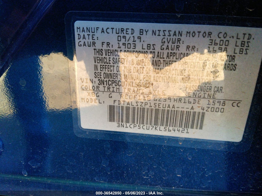 VIN 3N1CP5CU7KL564421 2019 NISSAN KICKS SV