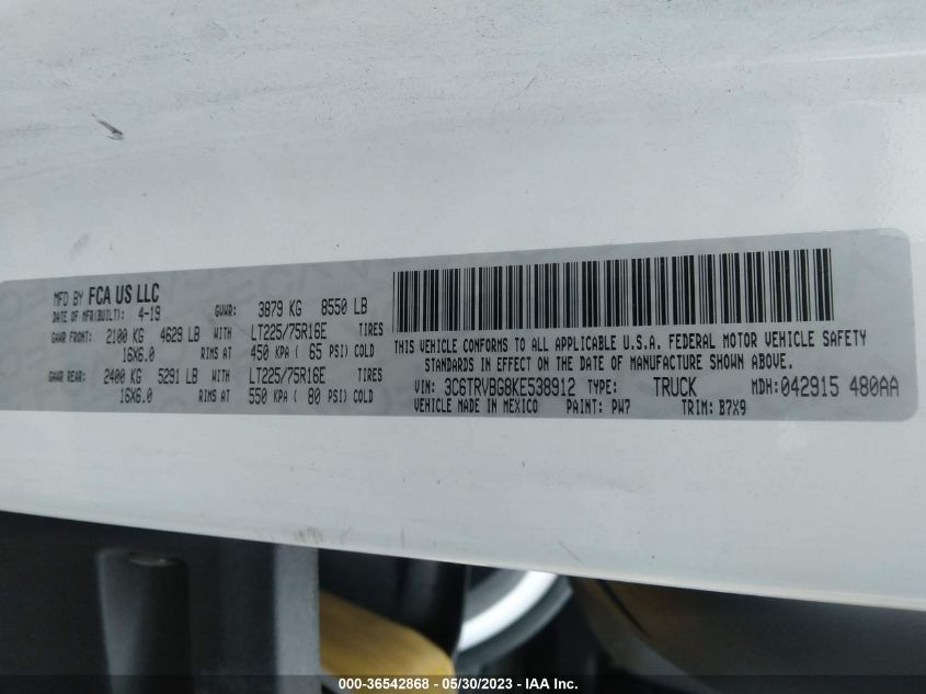 2019 RAM PROMASTER CARGO VAN - 3C6TRVBG8KE538912