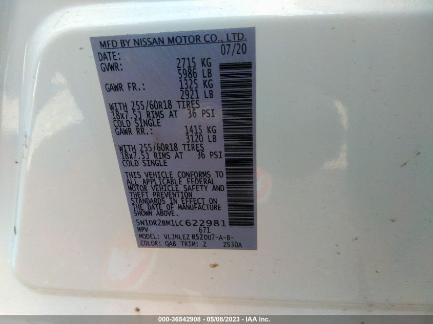 2020 NISSAN PATHFINDER SV - 5N1DR2BM1LC622981
