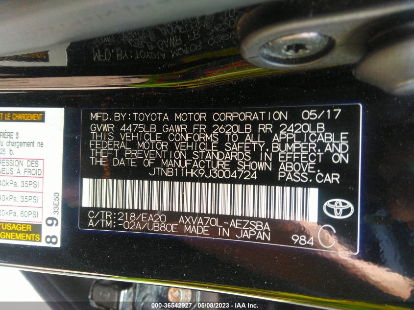 2018 TOYOTA CAMRY LE/SE/XLE/L - JTNB11HK9J3004724