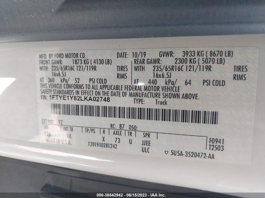 2020 FORD TRANSIT CARGO VAN - 1FTYE1Y82LKA02748