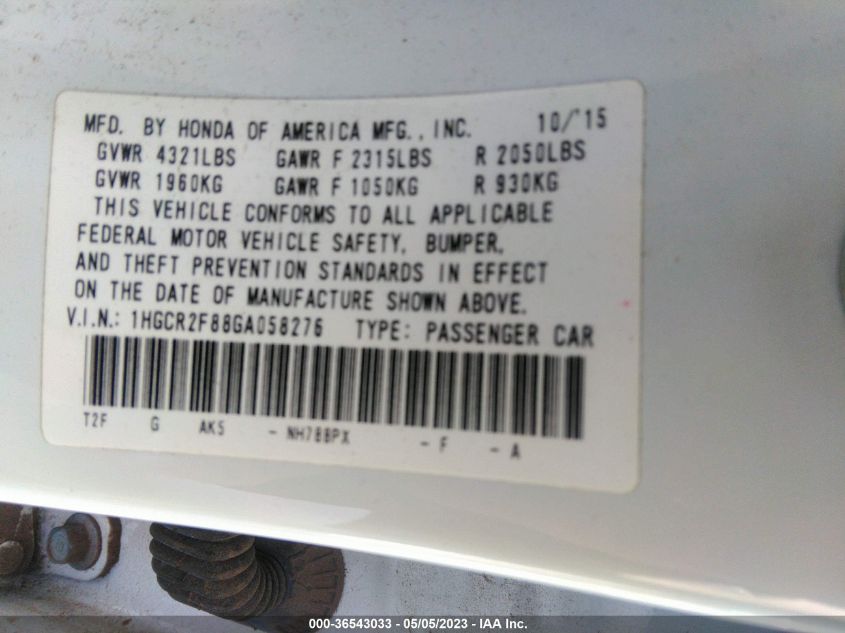 2016 HONDA ACCORD SEDAN EX-L - 1HGCR2F88GA058276
