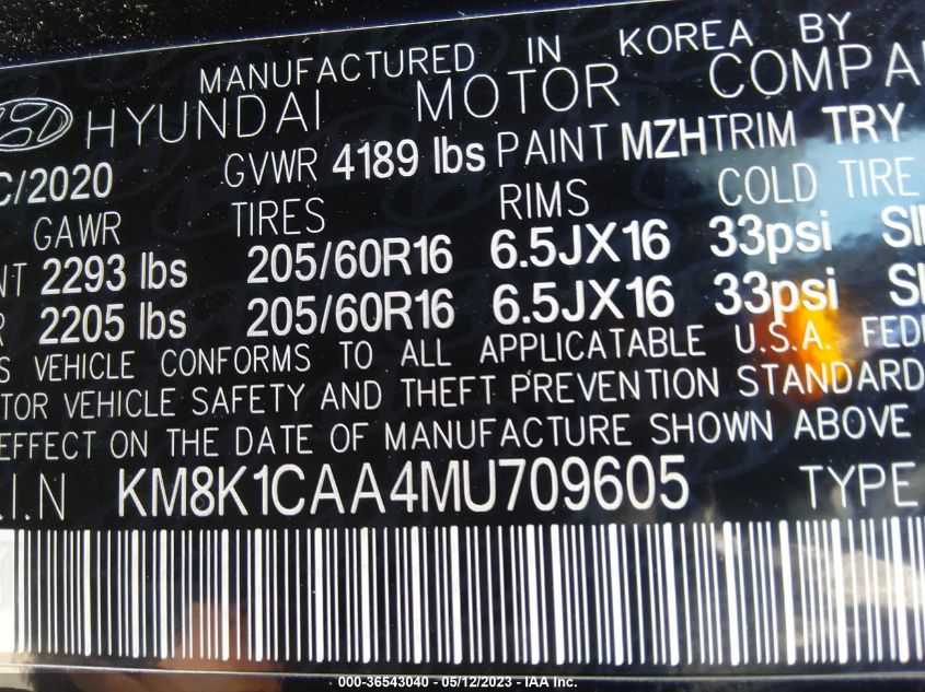 2021 HYUNDAI KONA SE - KM8K1CAA4MU709605