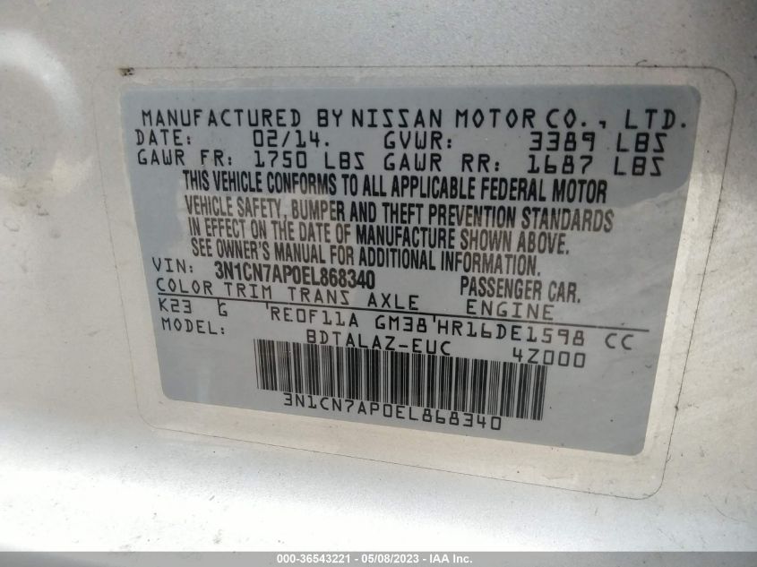 2014 NISSAN VERSA S PLUS - 3N1CN7AP0EL868340