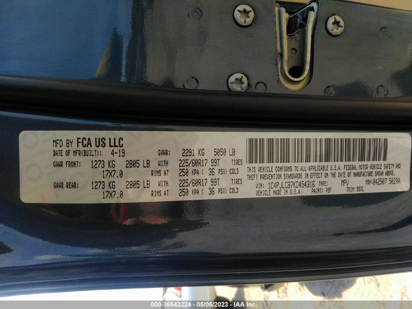 2019 JEEP CHEROKEE LATITUDE - 1C4PJLCB7KD454316