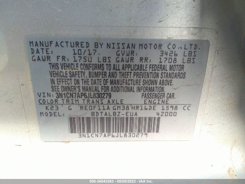 2018 NISSAN VERSA SEDAN SV - 3N1CN7AP6JL830279