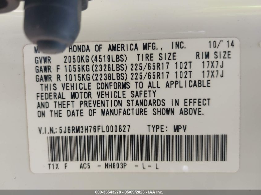 2015 HONDA CR-V EX-L - 5J6RM3H76FL000827