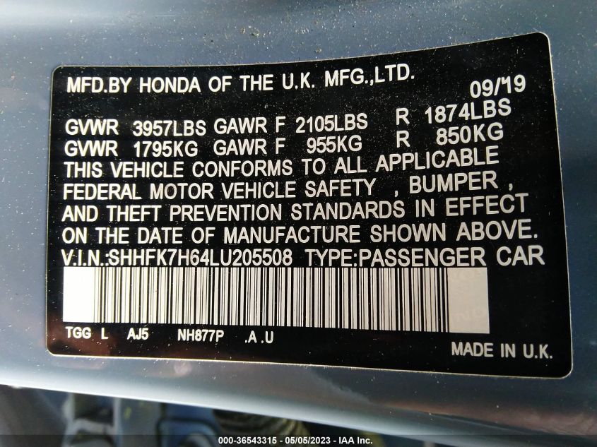 2020 HONDA CIVIC HATCHBACK EX - SHHFK7H64LU205508