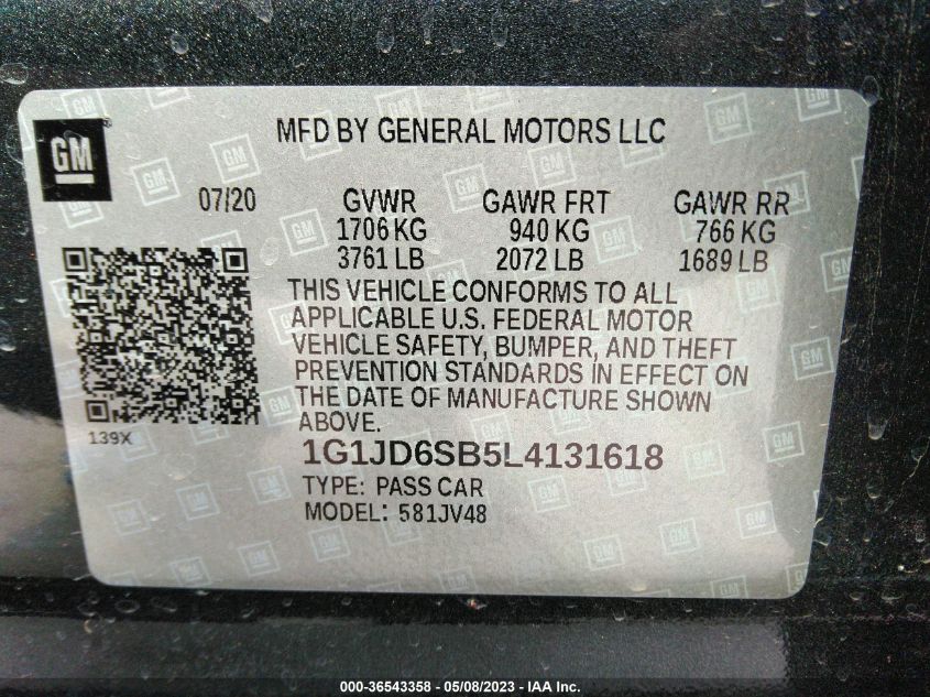 2020 CHEVROLET SONIC LT - 1G1JD6SB5L4131618