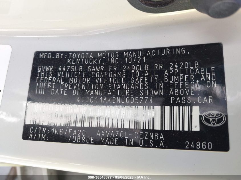 2022 TOYOTA CAMRY LE - 4T1C11AK9NU005774