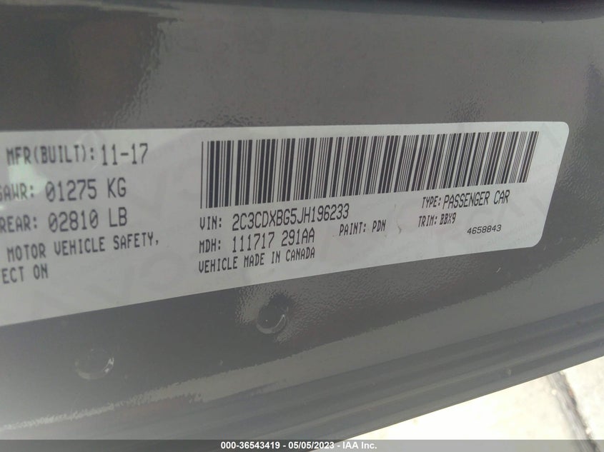 VIN 2C3CDXBG5JH196233 2018 DODGE CHARGER SXT