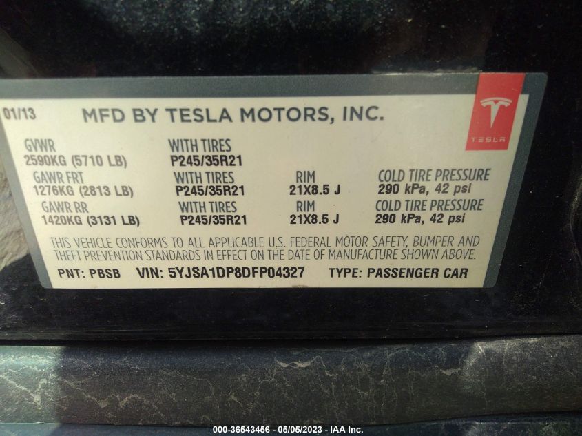 2013 TESLA MODEL S PERFORMANCE - 5YJSA1DP8DFP04327