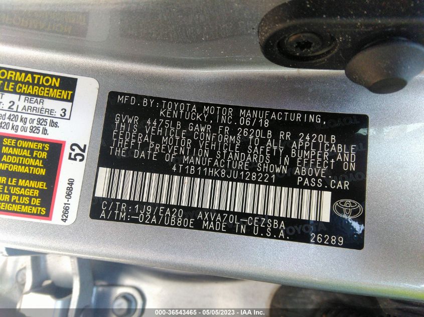 2018 TOYOTA CAMRY LE/SE/XLE/L - 4T1B11HK8JU128221