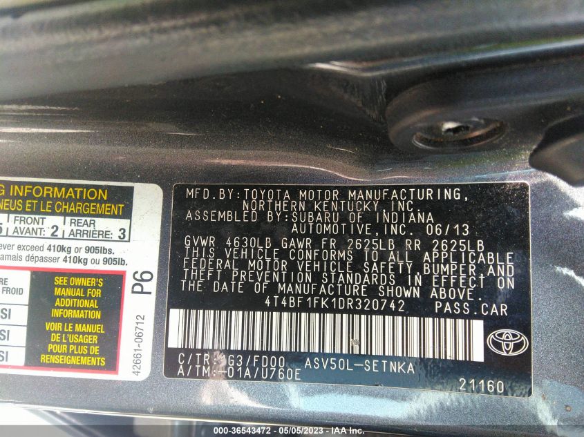 2013 TOYOTA CAMRY L/LE/SE/XLE - 4T4BF1FK1DR320742
