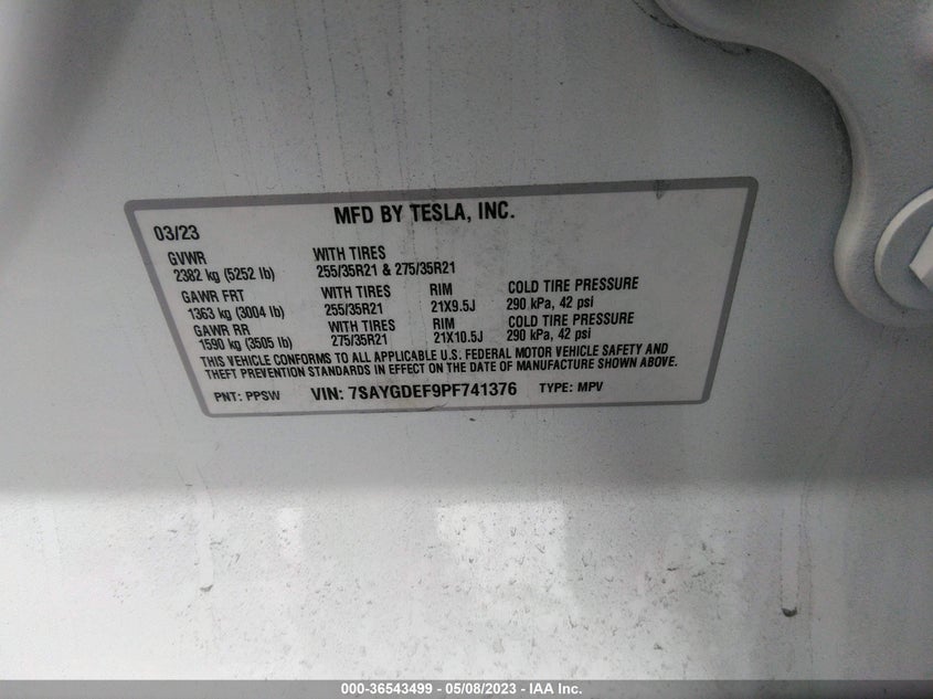 VIN 7SAYGDEF9PF741376 2023 TESLA MODEL Y PERFORMANCE
