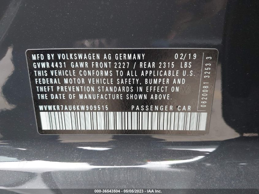 2019 VOLKSWAGEN E-GOLF SE - WVWKR7AU6KW909515