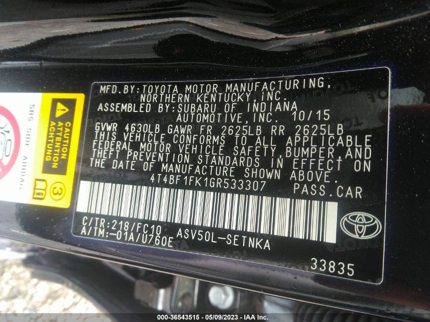 2016 TOYOTA CAMRY XLE/SE/LE/XSE - 4T4BF1FK1GR533307