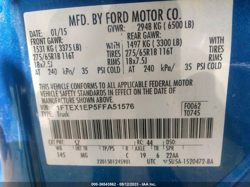 2015 FORD F-150 XLT/XL/LARIAT - 1FTEX1EP5FFA51576