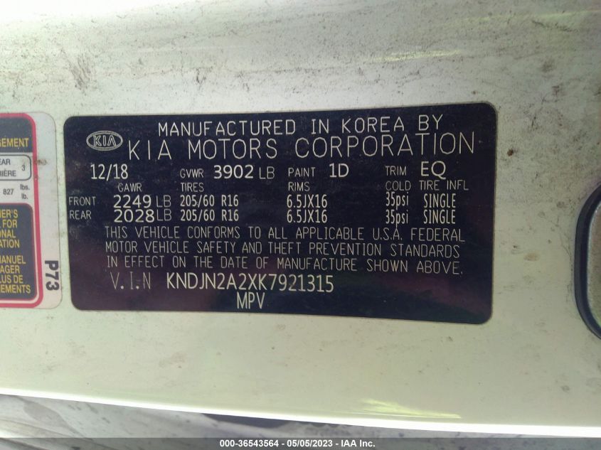 2019 KIA SOUL BASE - KNDJN2A2XK7921315
