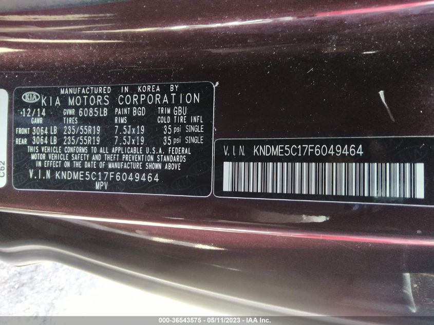 2015 KIA SEDONA SX-L - KNDME5C17F6049464