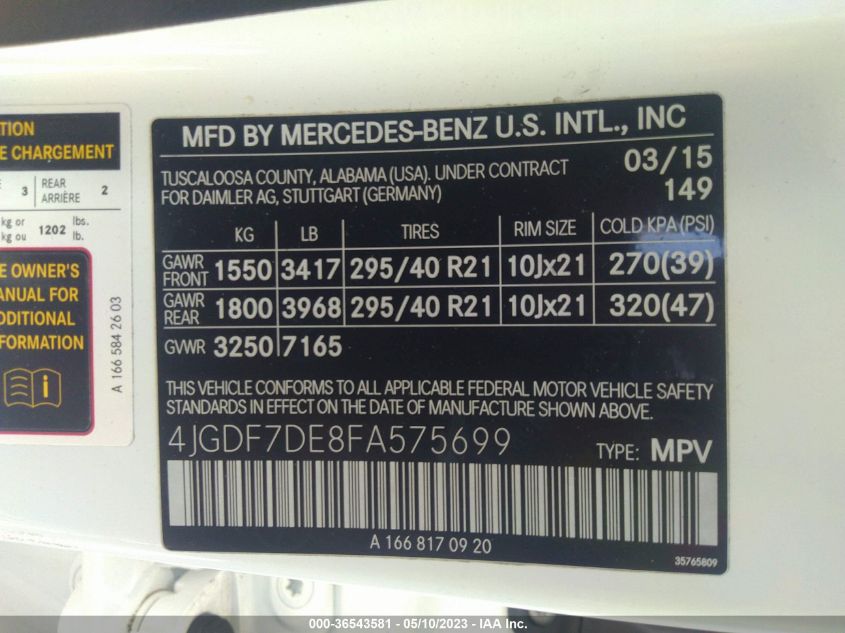 2015 MERCEDES-BENZ GL-CLASS GL 550 4JGDF7DE8FA575699