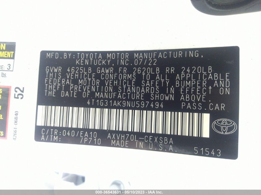 2022 TOYOTA CAMRY HYBRID - 4T1G31AK9NU597494