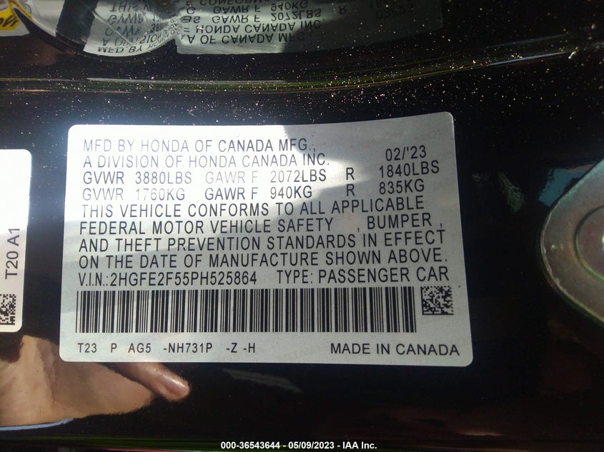 VIN 2HGFE2F55PH525864 2023 HONDA CIVIC SEDAN SPORT