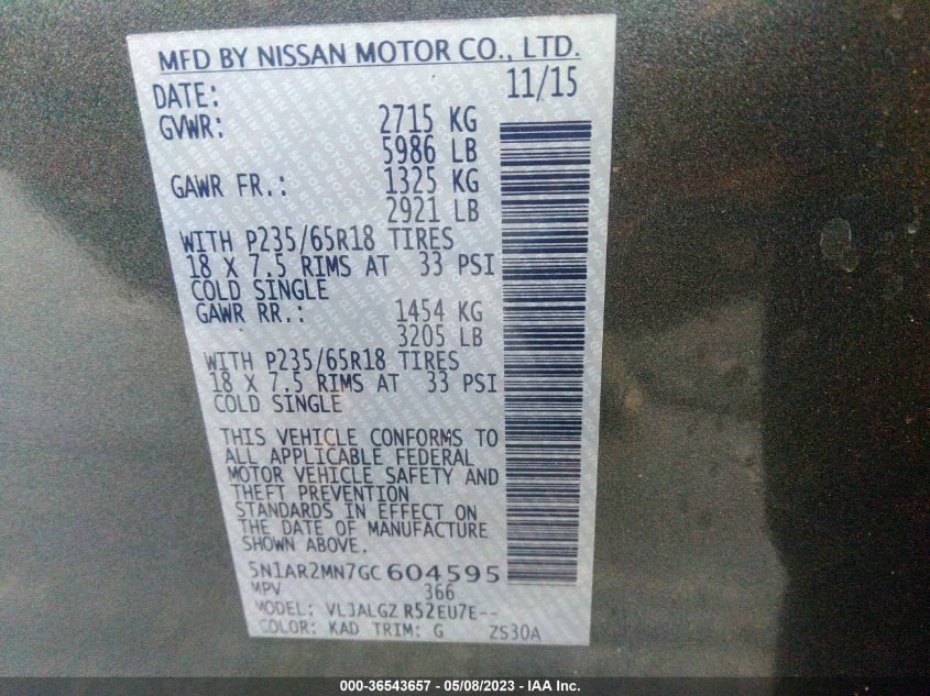 2016 NISSAN PATHFINDER SL - 5N1AR2MN7GC604595