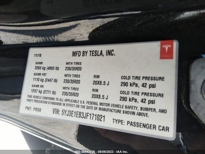 2018 TESLA MODEL 3 LONG RANGE - 5YJ3E1EB3JF171021