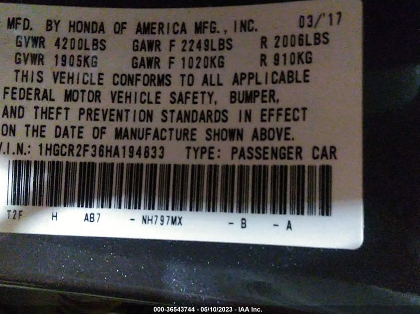 2017 HONDA ACCORD SEDAN LX - 1HGCR2F36HA194833