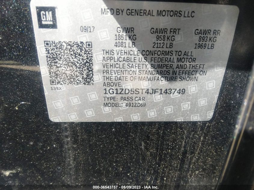 2018 CHEVROLET MALIBU LT - 1G1ZD5ST4JF143749