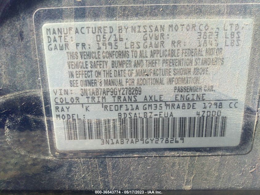 2016 NISSAN SENTRA S - 3N1AB7AP9GY278269